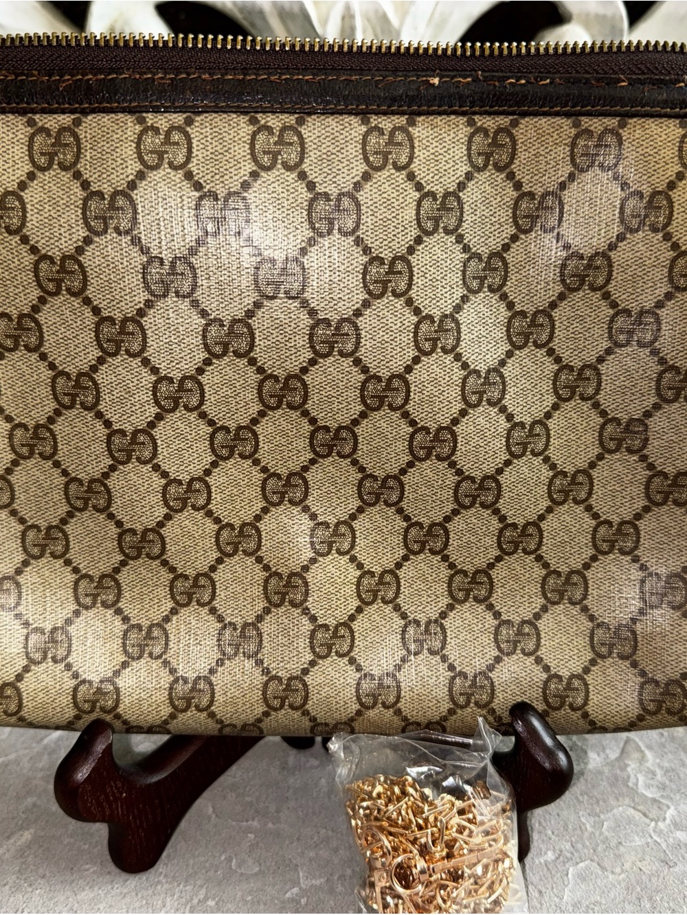Gucci Beige/Brown GG Canvas Cosmetic Case with Gold Chain Hardware